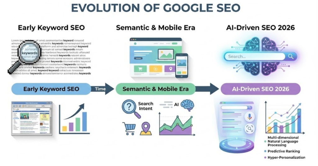 Evolution of Google SEO from keyword-based optimization to AI-driven search algorithms in 2026